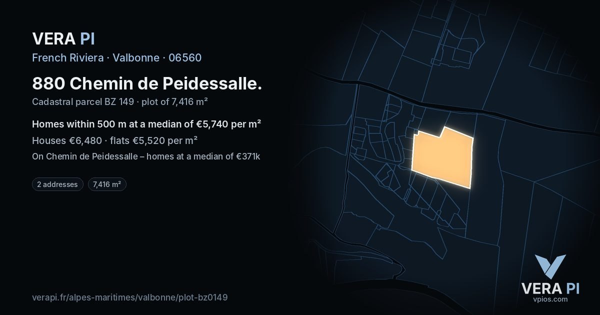 880 Chemin de Peidessalle, Valbonne at night – the plot lit, the parcels around coloured by the prices near them