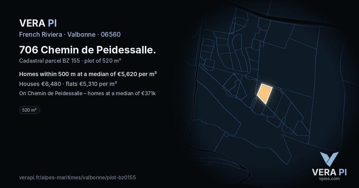 706 Chemin de Peidessalle, Valbonne at night – the plot lit, the parcels around coloured by the prices near them