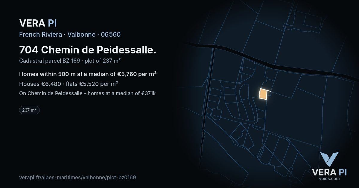 704 Chemin de Peidessalle, Valbonne at night – the plot lit, the parcels around coloured by the prices near them