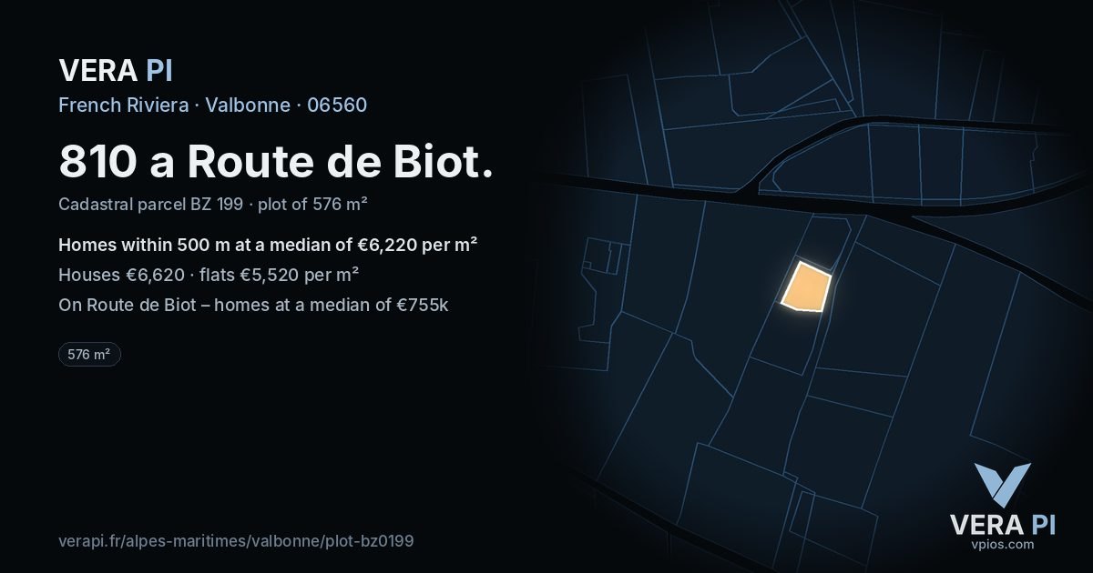 810 a Route de Biot, Valbonne at night – the plot lit, the parcels around coloured by the prices near them