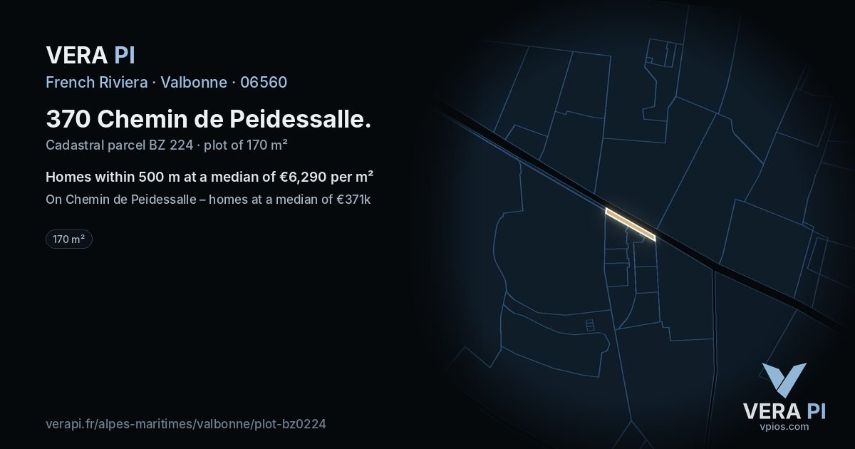 370 Chemin de Peidessalle, Valbonne at night – the plot lit, the parcels around coloured by the prices near them