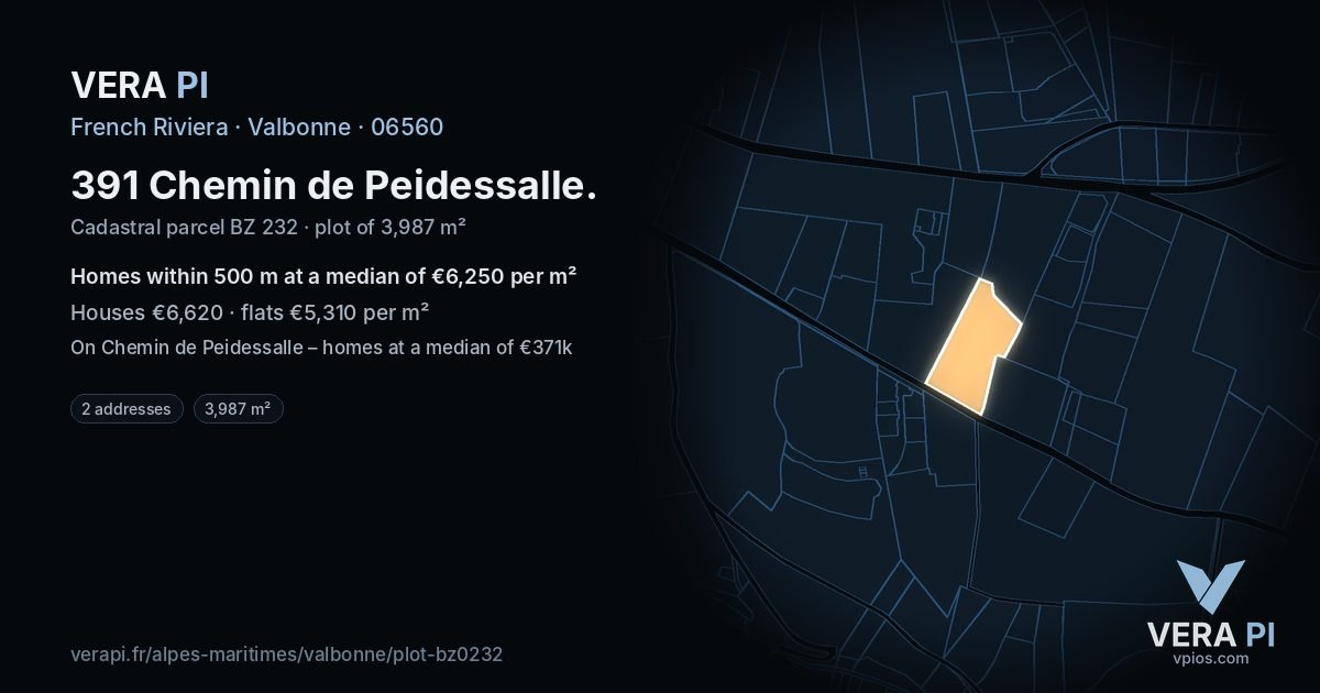 391 Chemin de Peidessalle, Valbonne at night – the plot lit, the parcels around coloured by the prices near them