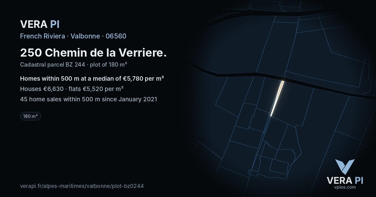 250 Chemin de la Verriere, Valbonne at night – the plot lit, the parcels around coloured by the prices near them