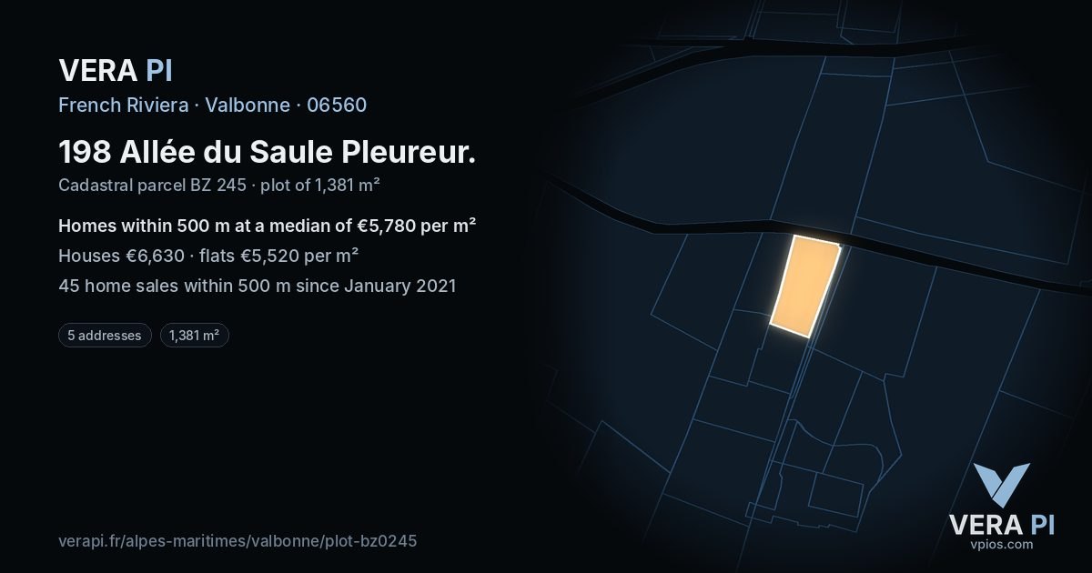 198 Allée du Saule Pleureur, Valbonne at night – the plot lit, the parcels around coloured by the prices near them