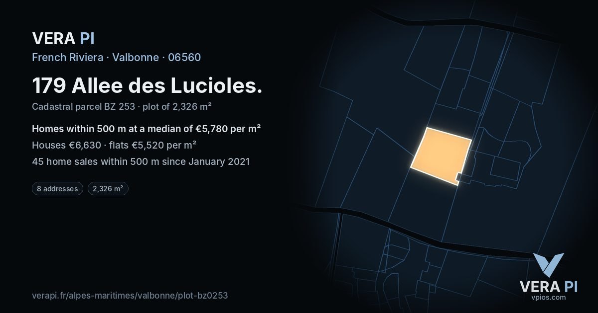 179 Allee des Lucioles, Valbonne at night – the plot lit, the parcels around coloured by the prices near them