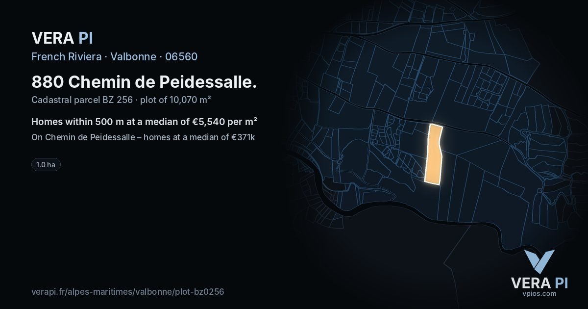 880 Chemin de Peidessalle, Valbonne at night – the plot lit, the parcels around coloured by the prices near them