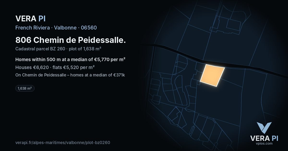 806 Chemin de Peidessalle, Valbonne at night – the plot lit, the parcels around coloured by the prices near them