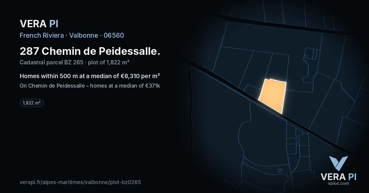 287 Chemin de Peidessalle, Valbonne at night – the plot lit, the parcels around coloured by the prices near them