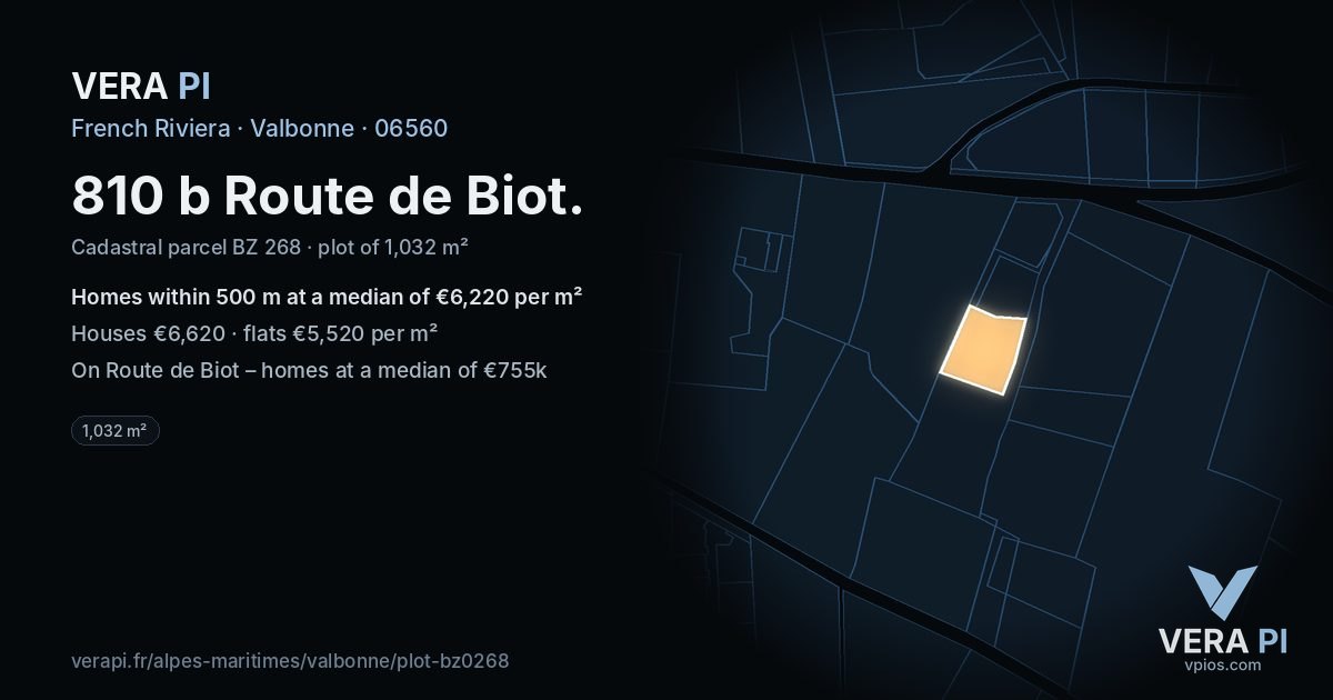 810 b Route de Biot, Valbonne at night – the plot lit, the parcels around coloured by the prices near them