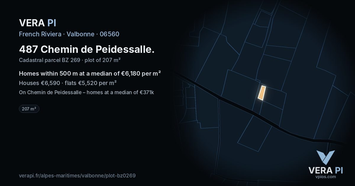 487 Chemin de Peidessalle, Valbonne at night – the plot lit, the parcels around coloured by the prices near them