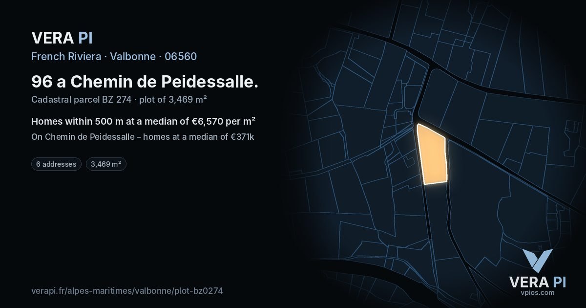 96 a Chemin de Peidessalle, Valbonne at night – the plot lit, the parcels around coloured by the prices near them