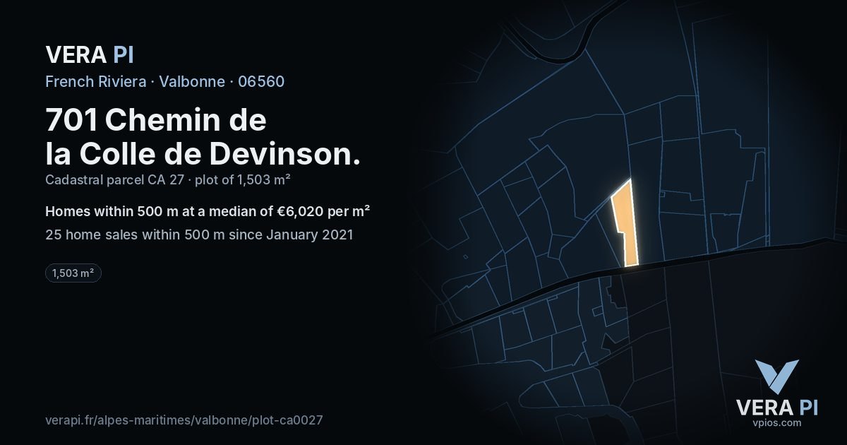 701 Chemin de la Colle de Devinson, Valbonne at night – the plot lit, the parcels around coloured by the prices near them