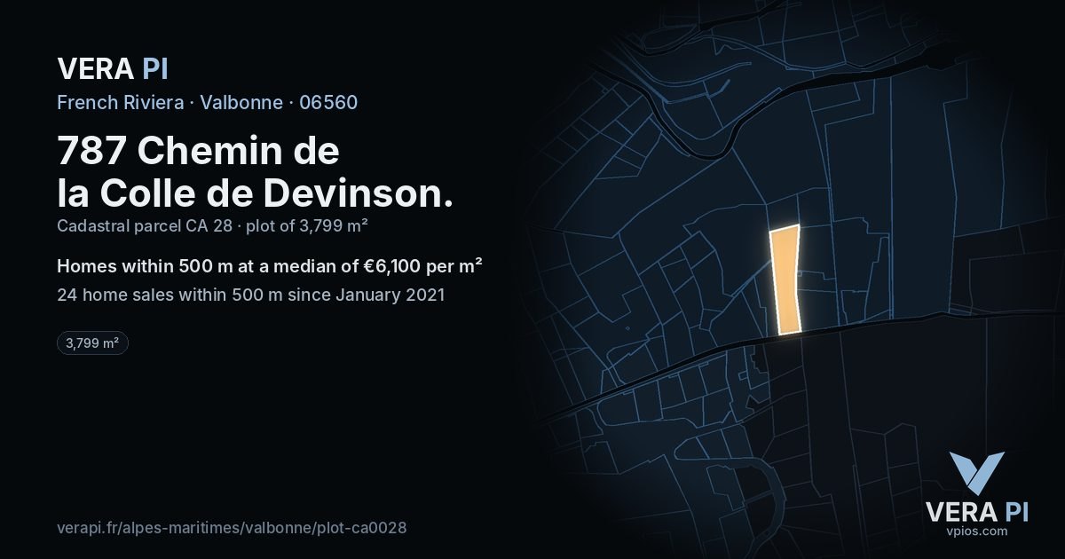 787 Chemin de la Colle de Devinson, Valbonne at night – the plot lit, the parcels around coloured by the prices near them