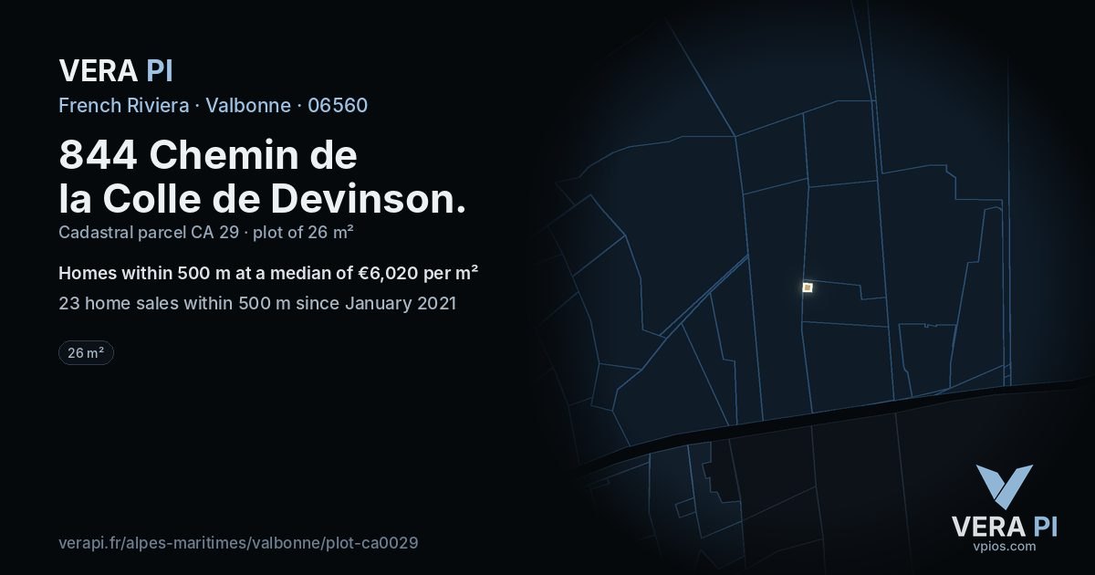 844 Chemin de la Colle de Devinson, Valbonne at night – the plot lit, the parcels around coloured by the prices near them
