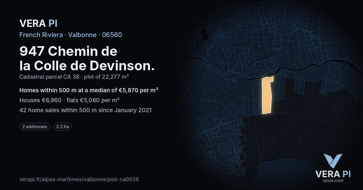 947 Chemin de la Colle de Devinson, Valbonne at night – the plot lit, the parcels around coloured by the prices near them