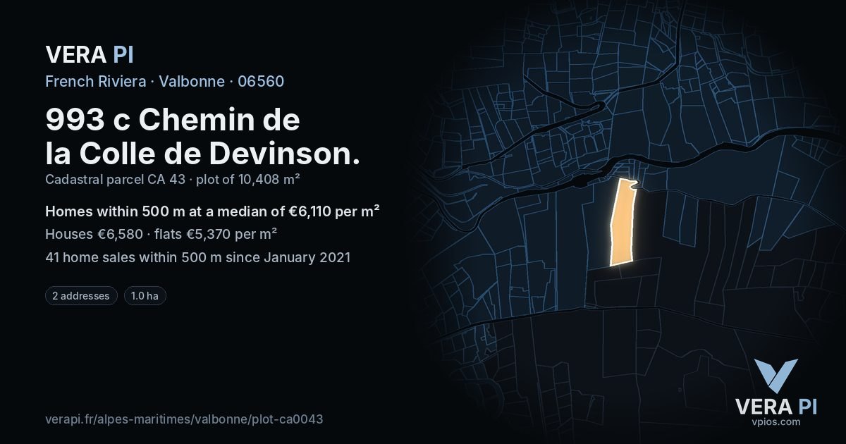 993 c Chemin de la Colle de Devinson, Valbonne at night – the plot lit, the parcels around coloured by the prices near them