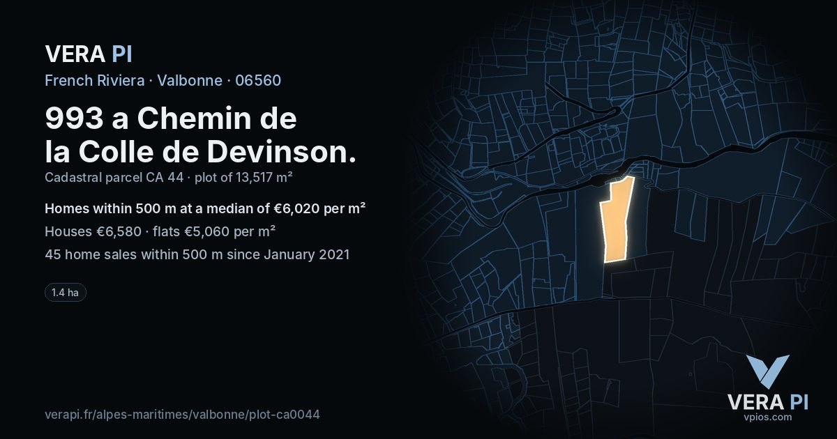 993 a Chemin de la Colle de Devinson, Valbonne at night – the plot lit, the parcels around coloured by the prices near them