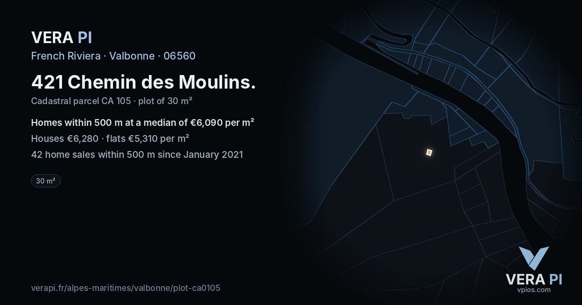 421 Chemin des Moulins, Valbonne at night – the plot lit, the parcels around coloured by the prices near them