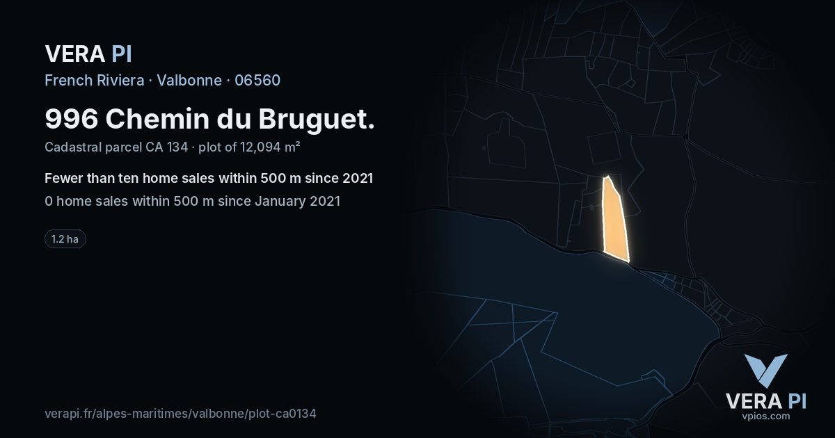 996 Chemin du Bruguet, Valbonne at night – the plot lit, the parcels around coloured by the prices near them