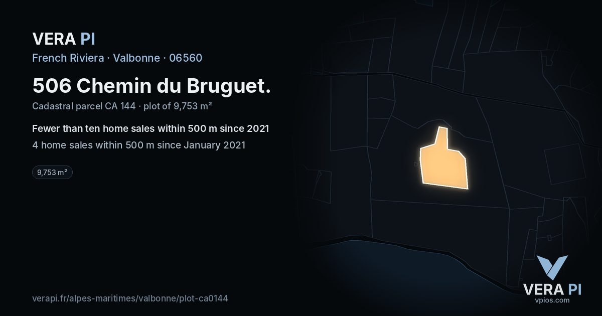 506 Chemin du Bruguet, Valbonne at night – the plot lit, the parcels around coloured by the prices near them