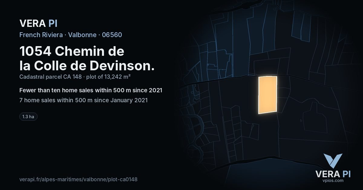 1054 Chemin de la Colle de Devinson, Valbonne at night – the plot lit, the parcels around coloured by the prices near them