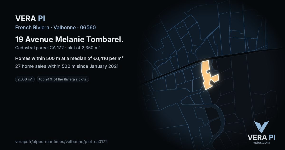 19 Avenue Melanie Tombarel, Valbonne at night – the plot lit, the parcels around coloured by the prices near them