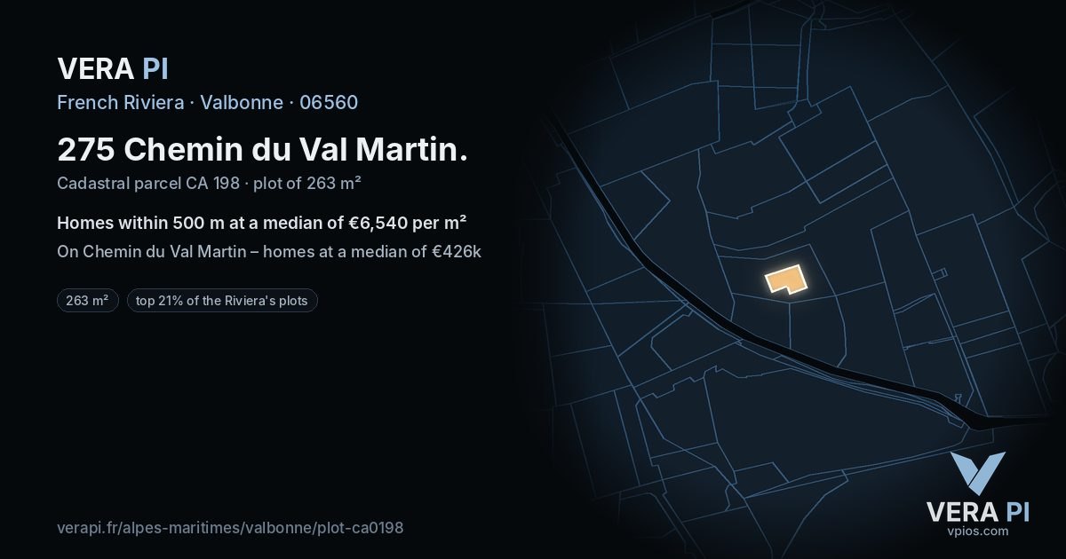 275 Chemin du Val Martin, Valbonne at night – the plot lit, the parcels around coloured by the prices near them