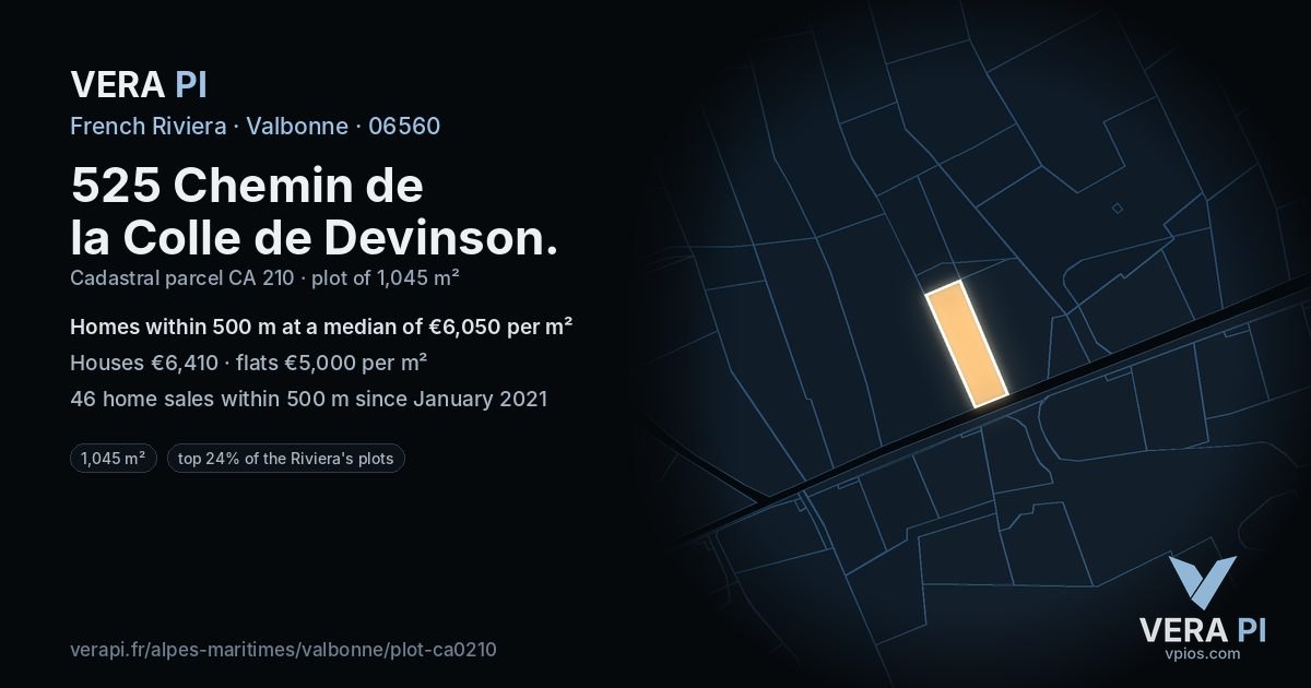 525 Chemin de la Colle de Devinson, Valbonne at night – the plot lit, the parcels around coloured by the prices near them