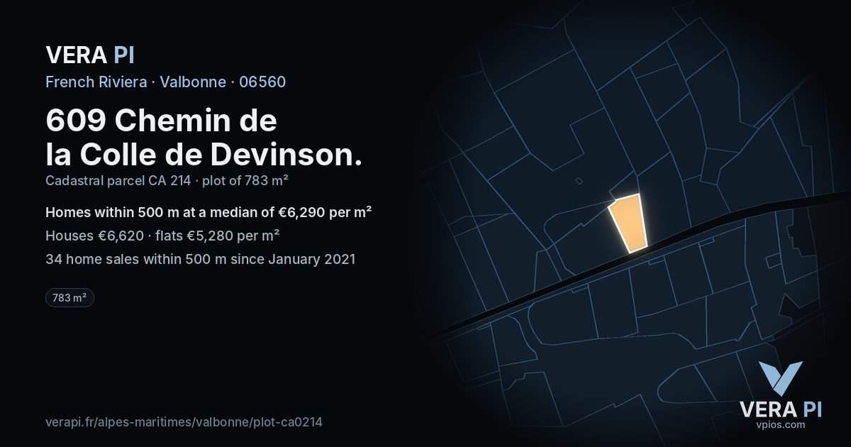 609 Chemin de la Colle de Devinson, Valbonne at night – the plot lit, the parcels around coloured by the prices near them