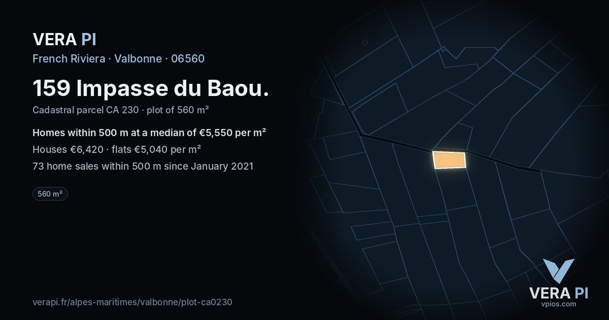 159 Impasse du Baou, Valbonne at night – the plot lit, the parcels around coloured by the prices near them