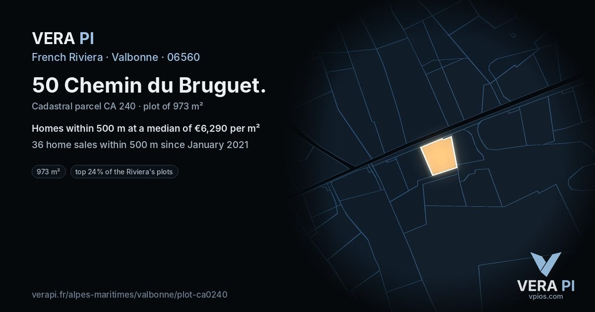 50 Chemin du Bruguet, Valbonne at night – the plot lit, the parcels around coloured by the prices near them