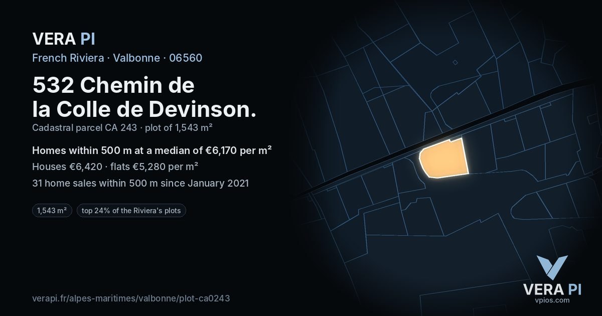 532 Chemin de la Colle de Devinson, Valbonne at night – the plot lit, the parcels around coloured by the prices near them