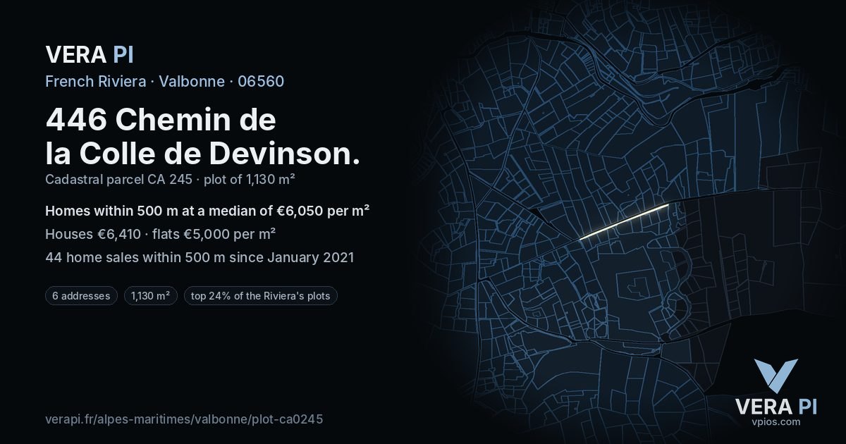 446 Chemin de la Colle de Devinson, Valbonne at night – the plot lit, the parcels around coloured by the prices near them