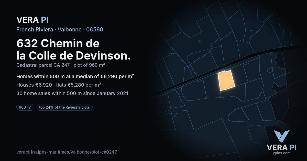 632 Chemin de la Colle de Devinson, Valbonne at night – the plot lit, the parcels around coloured by the prices near them