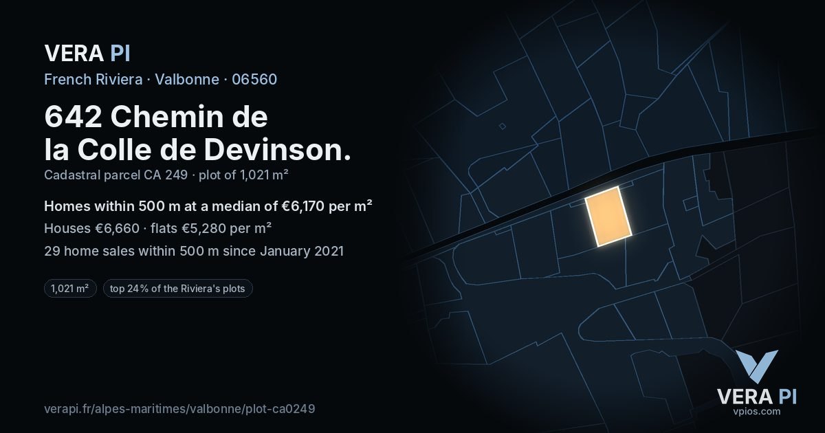 642 Chemin de la Colle de Devinson, Valbonne at night – the plot lit, the parcels around coloured by the prices near them