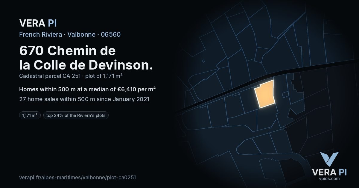670 Chemin de la Colle de Devinson, Valbonne at night – the plot lit, the parcels around coloured by the prices near them