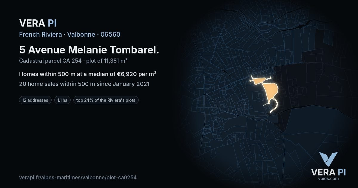 5 Avenue Melanie Tombarel, Valbonne at night – the plot lit, the parcels around coloured by the prices near them