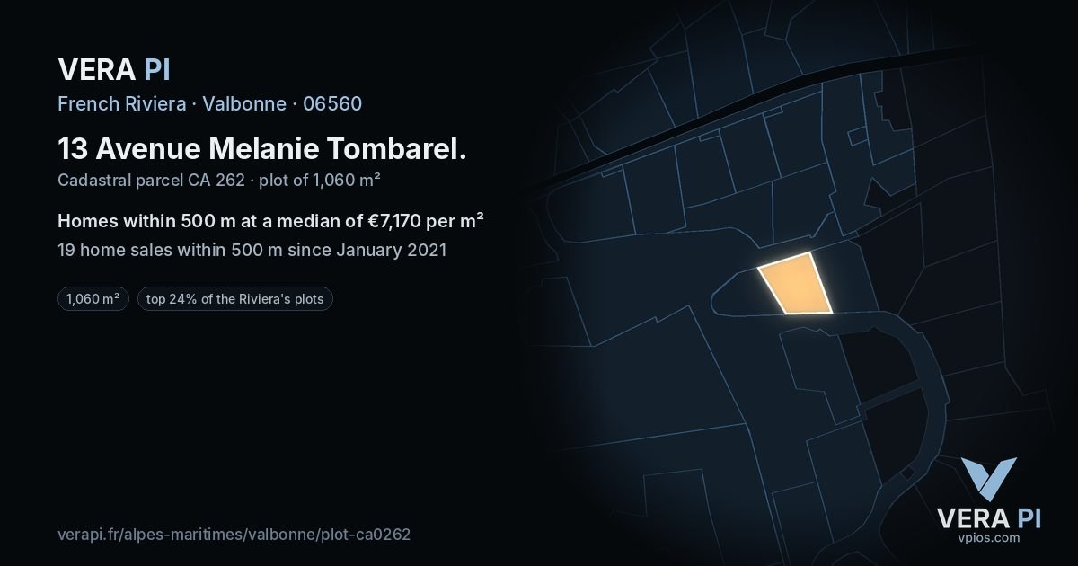 13 Avenue Melanie Tombarel, Valbonne at night – the plot lit, the parcels around coloured by the prices near them