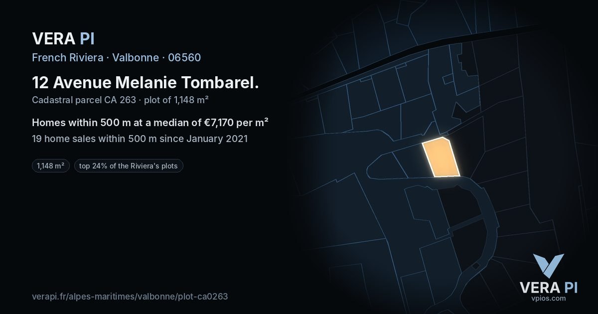 12 Avenue Melanie Tombarel, Valbonne at night – the plot lit, the parcels around coloured by the prices near them