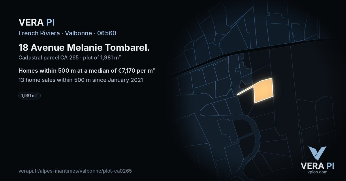 18 Avenue Melanie Tombarel, Valbonne at night – the plot lit, the parcels around coloured by the prices near them