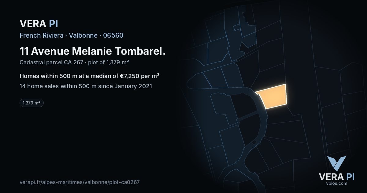 11 Avenue Melanie Tombarel, Valbonne at night – the plot lit, the parcels around coloured by the prices near them