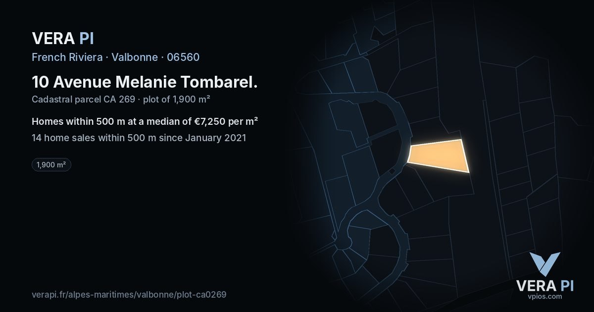 10 Avenue Melanie Tombarel, Valbonne at night – the plot lit, the parcels around coloured by the prices near them