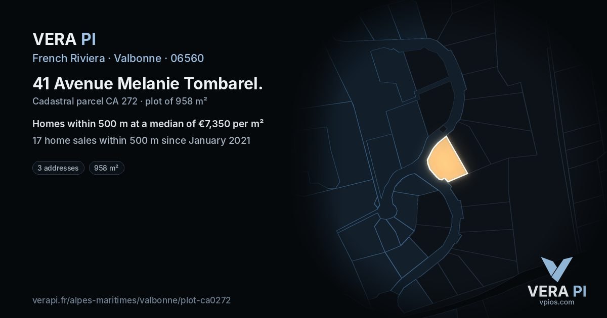 41 Avenue Melanie Tombarel, Valbonne at night – the plot lit, the parcels around coloured by the prices near them