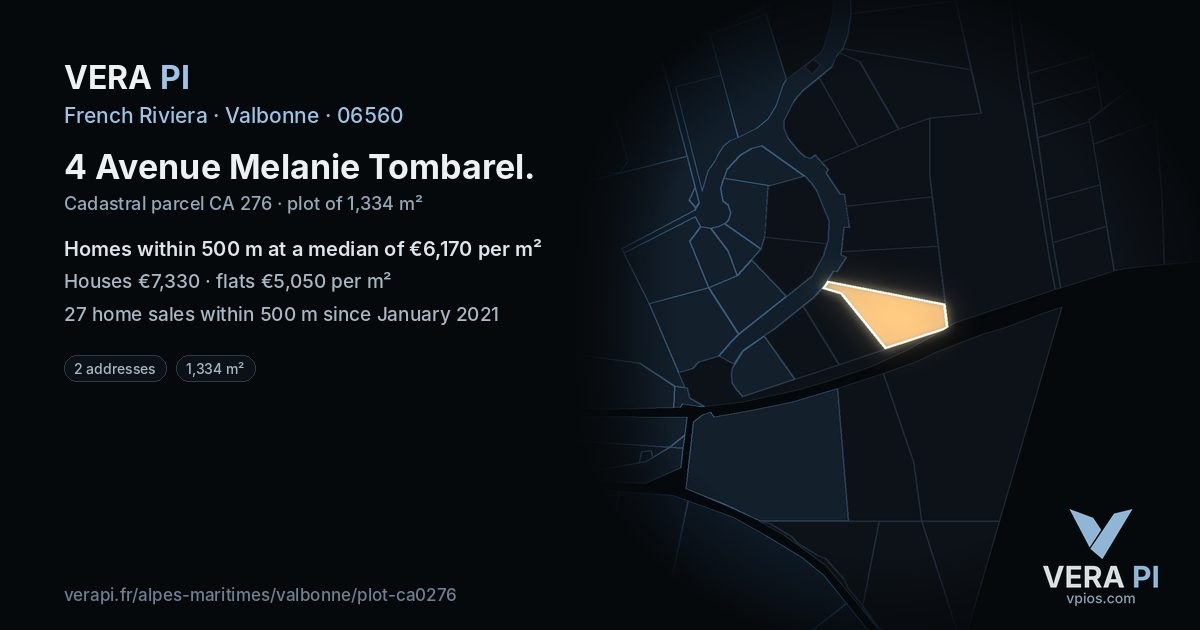 4 Avenue Melanie Tombarel, Valbonne at night – the plot lit, the parcels around coloured by the prices near them