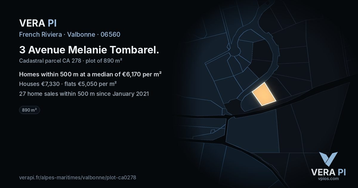 3 Avenue Melanie Tombarel, Valbonne at night – the plot lit, the parcels around coloured by the prices near them