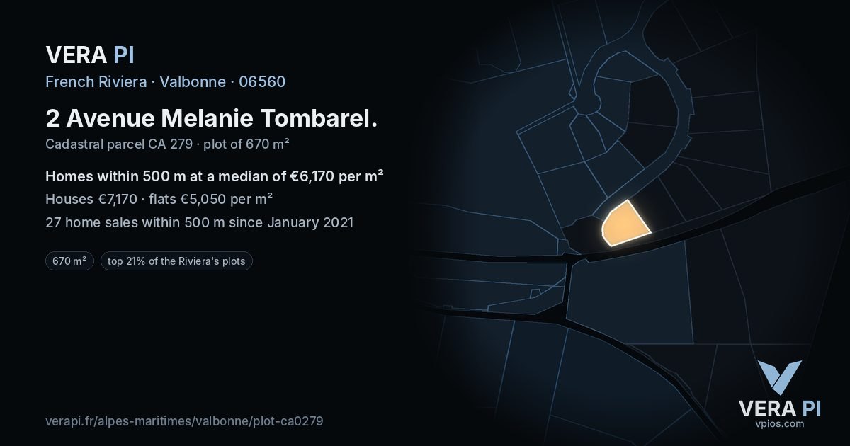 2 Avenue Melanie Tombarel, Valbonne at night – the plot lit, the parcels around coloured by the prices near them