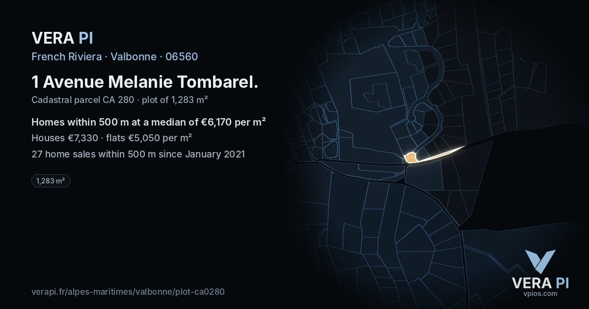 1 Avenue Melanie Tombarel, Valbonne at night – the plot lit, the parcels around coloured by the prices near them