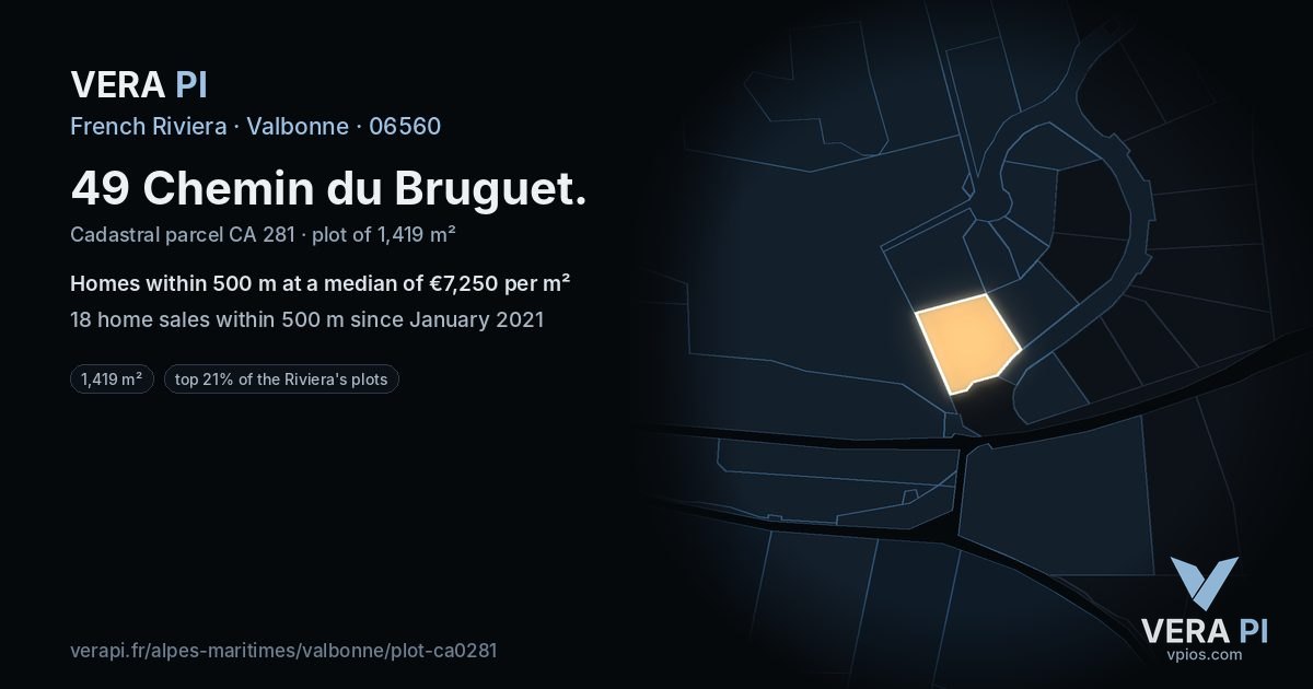 49 Chemin du Bruguet, Valbonne at night – the plot lit, the parcels around coloured by the prices near them