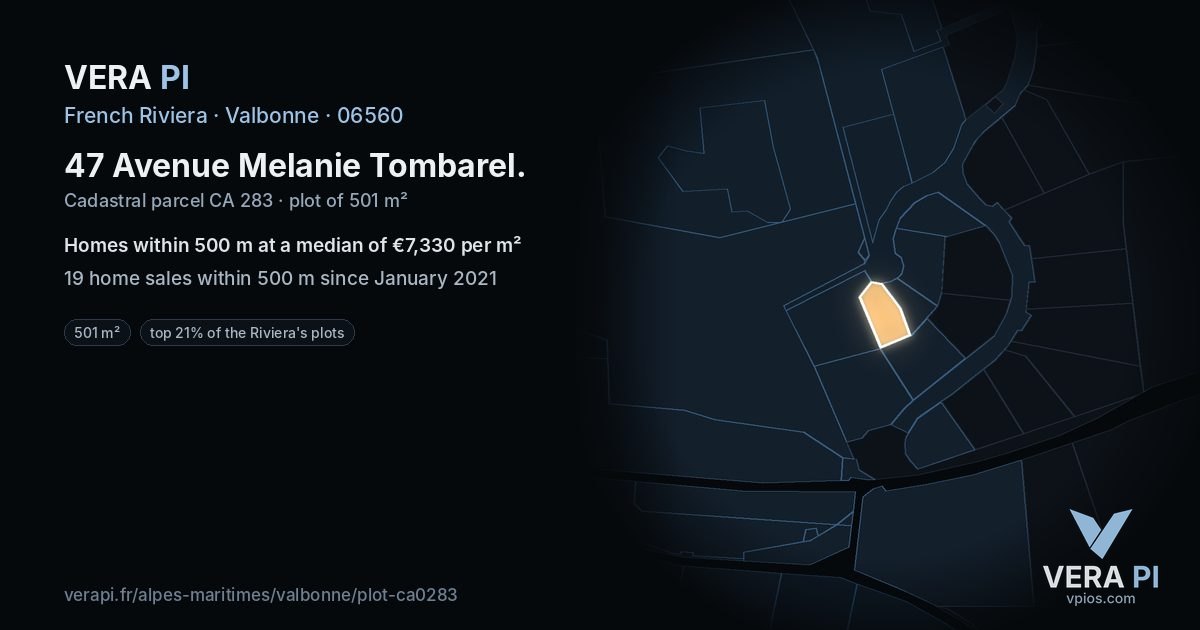 47 Avenue Melanie Tombarel, Valbonne at night – the plot lit, the parcels around coloured by the prices near them