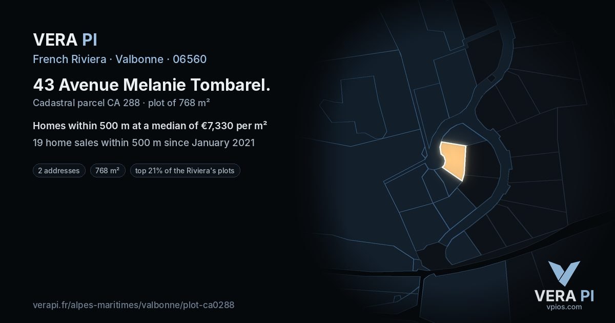 43 Avenue Melanie Tombarel, Valbonne at night – the plot lit, the parcels around coloured by the prices near them